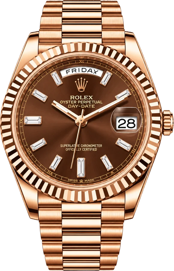 Rolex Day-Date 40 in Everose-Gold mit braunem Zifferblatt und Baguette-Diamanten